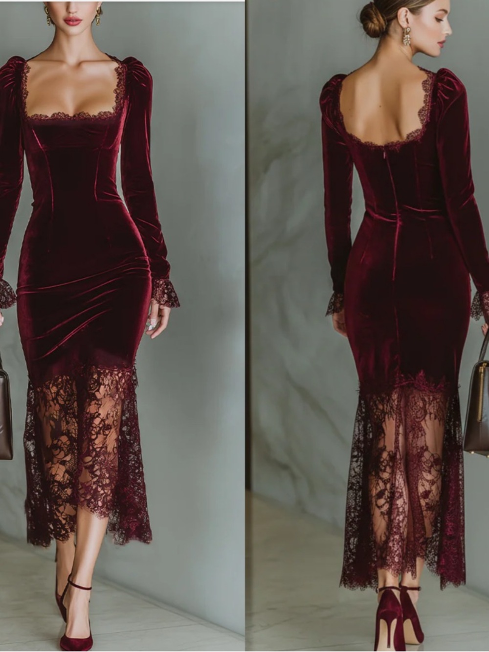 Modesees Elegant Burgundy Velvet Lace maxi Dress - Women's XS